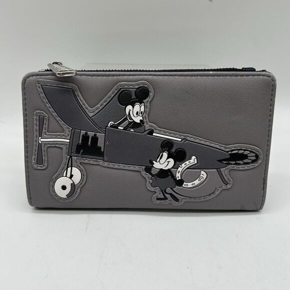 Loungefly Disney Mickey Mouse Plane Crazy Retro Faux Leather Gray Flap Wallet - Picture 1 of 10